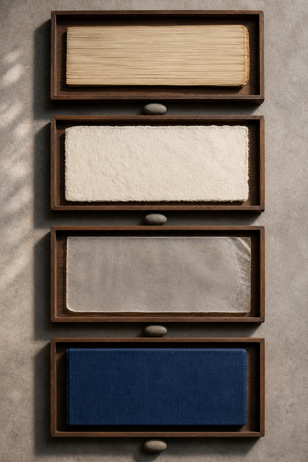 Four unmarked folios of different materials sit on separate wooden trays, with gaps and stone dividers keeping each layer distinct.