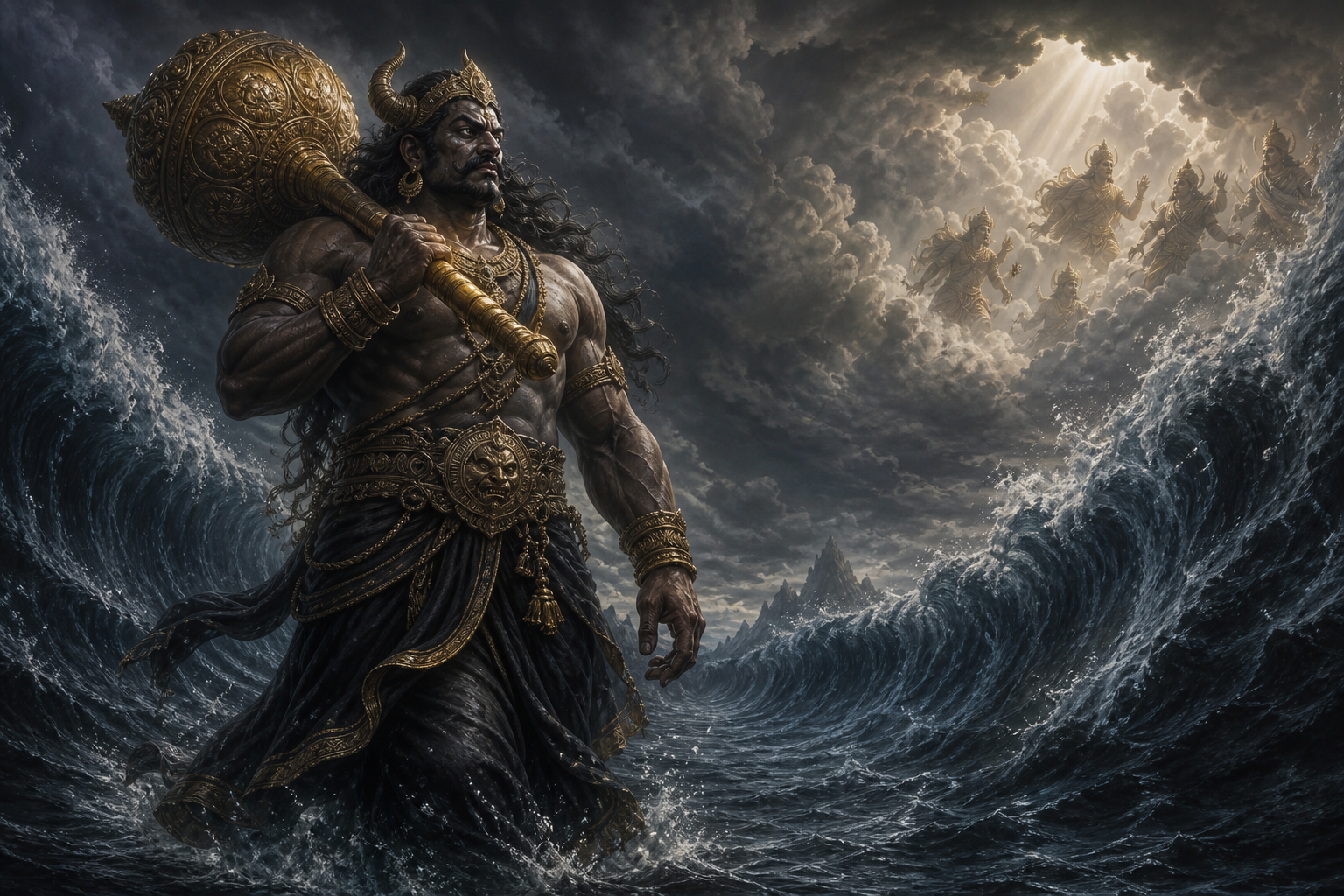 A powerful ancient asura carrying a golden mace strides through a stormy cosmic ocean as distant celestial figures withdraw into glowing clouds.