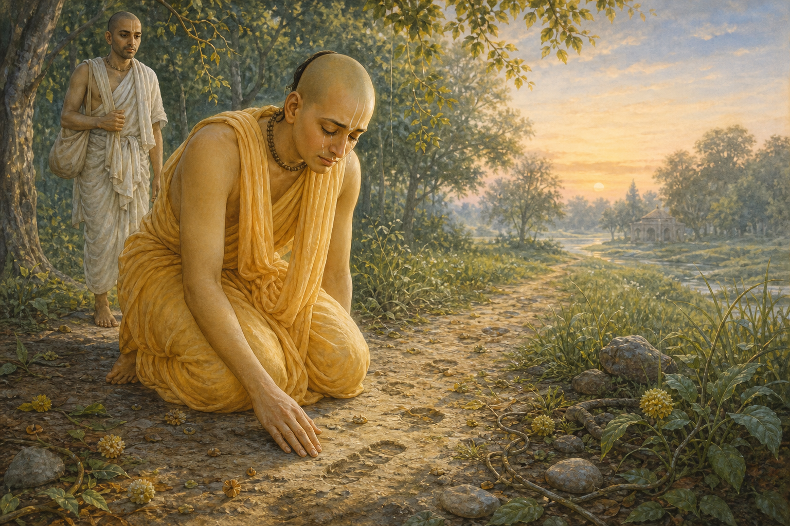 Sri Caitanya kneels to touch the dusty path of a Vrindavan grove while a companion watches from behind.