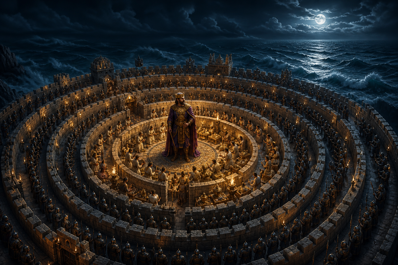 A proud ancient ruler stands within rings of guards, walls, and attendants while a turbulent sea and dark sky lie beyond them.