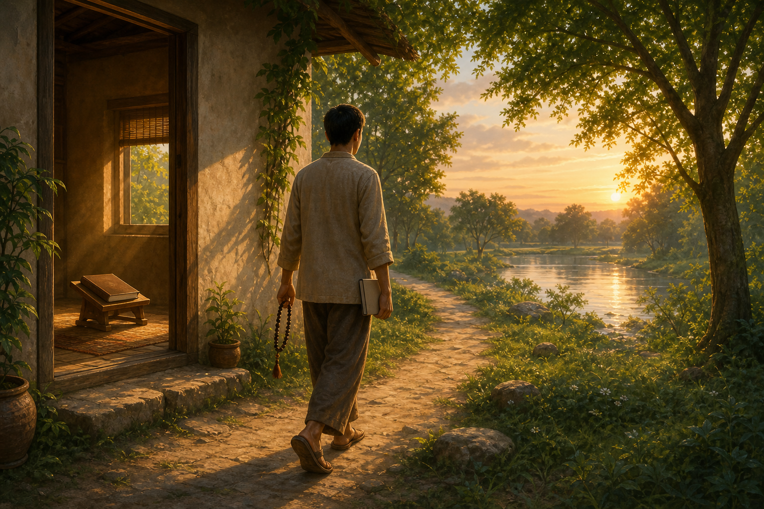 An anonymous student carrying meditation beads and a blank notebook walks from a study room toward a riverside path at sunrise, leaving a closed sacred volume on a stand.