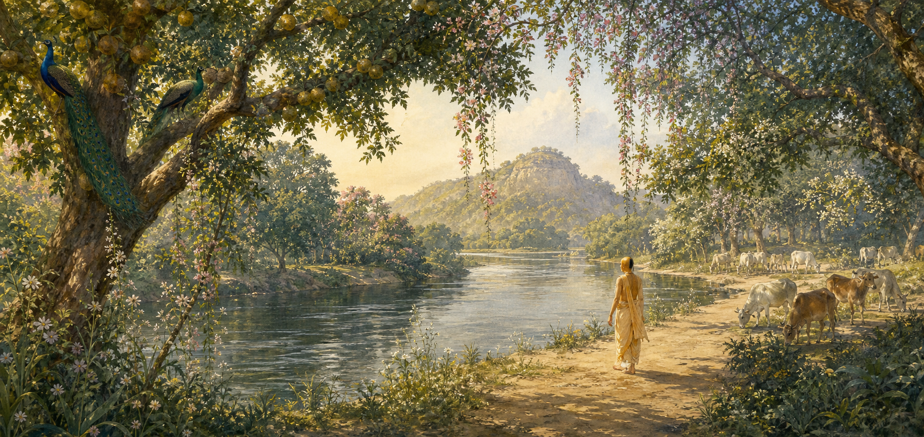 Sri Caitanya stands attentively beside the Yamuna amid flowering trees, grazing cows, peacocks, and a distant hill.