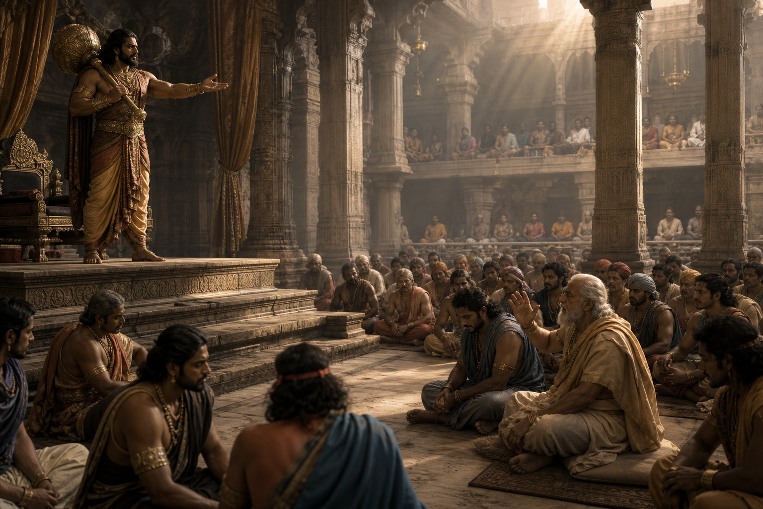 An imposing leader addresses a silent ancient assembly while listeners avert their eyes and one elder hesitates to speak.