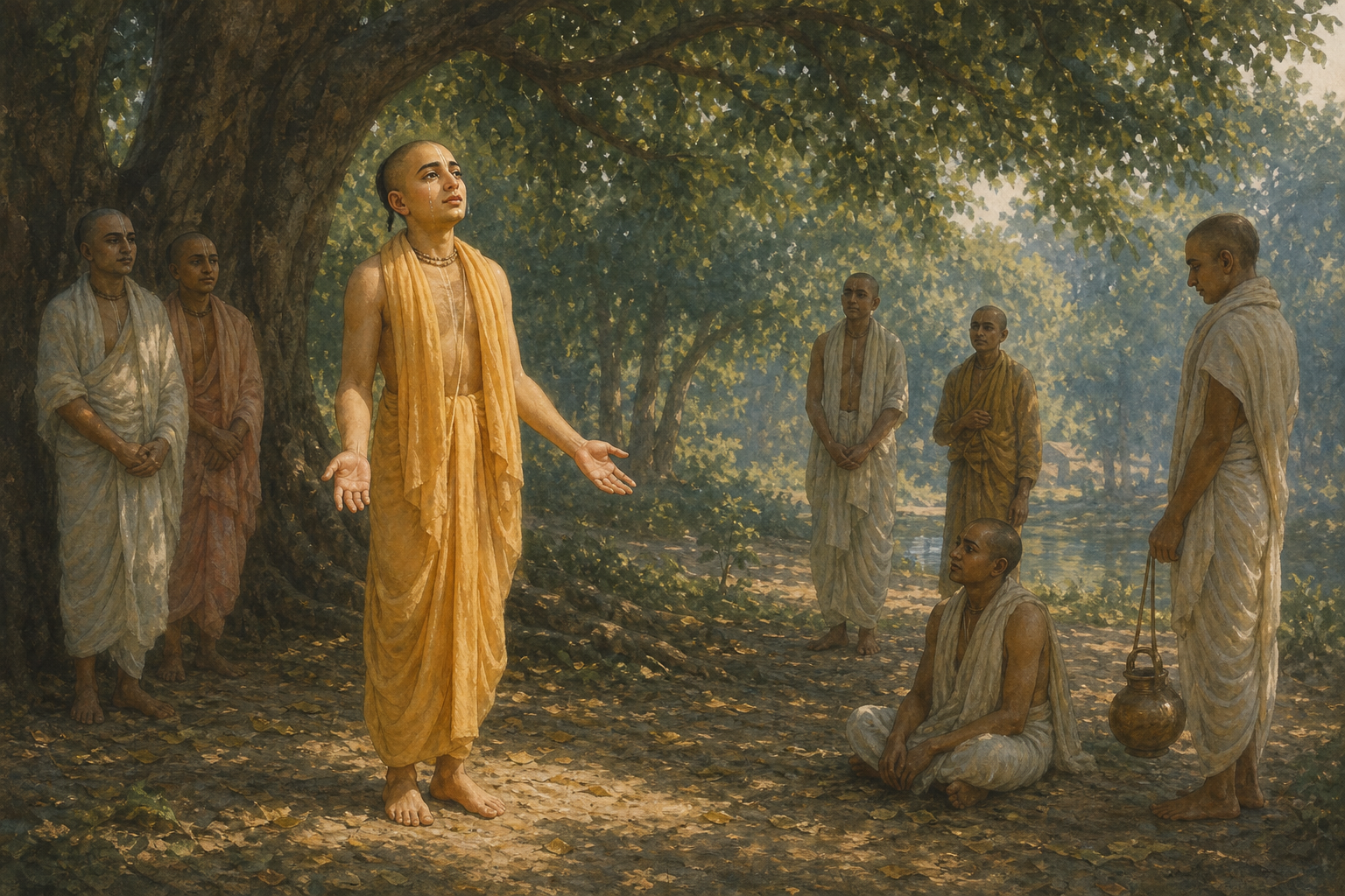 Sri Caitanya stands tearfully beneath a tree while his companions observe quietly from a respectful distance.