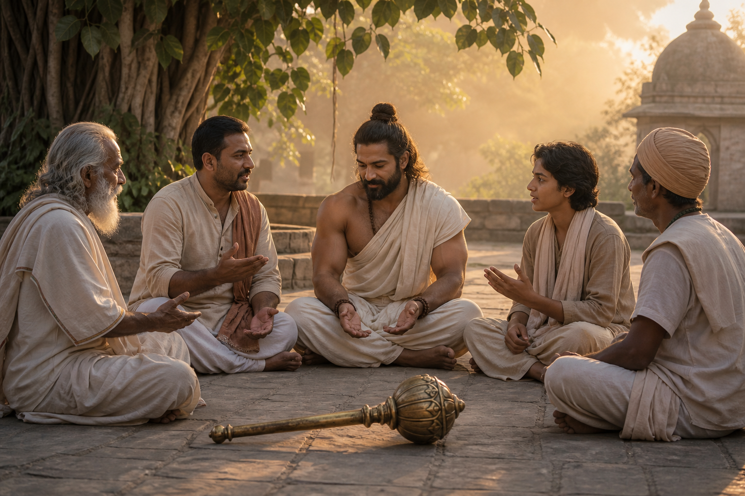 A strong spiritual practitioner sits in an equal circle and listens to four community members, with his ceremonial mace resting on the courtyard floor.