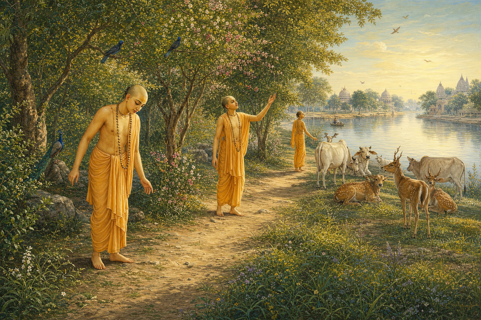 Successive moments show Sri Caitanya noticing the path, trees, birds, animals, and river within one continuous Vrindavan landscape.