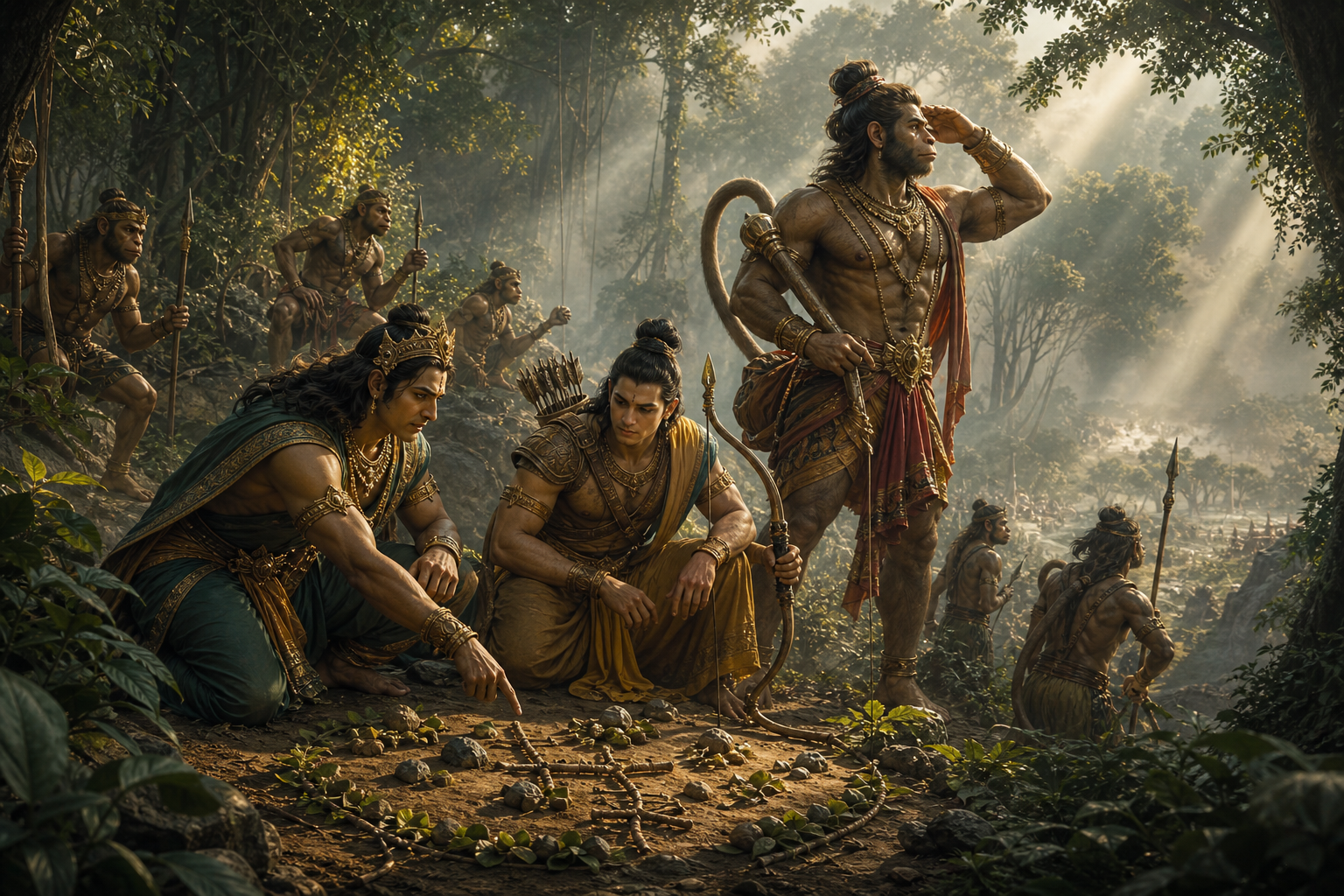 Vibhishana indicates a forest route to Lakshmana while Hanuman and vanara allies guard the surrounding woodland.