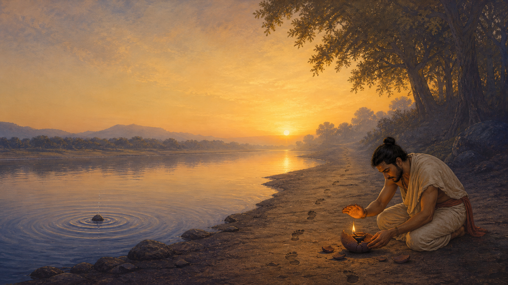 A traveler kneels at dawn beside a river, repairing a cracked clay lamp as ripples spread across the water and footprints lead out of a dark grove.