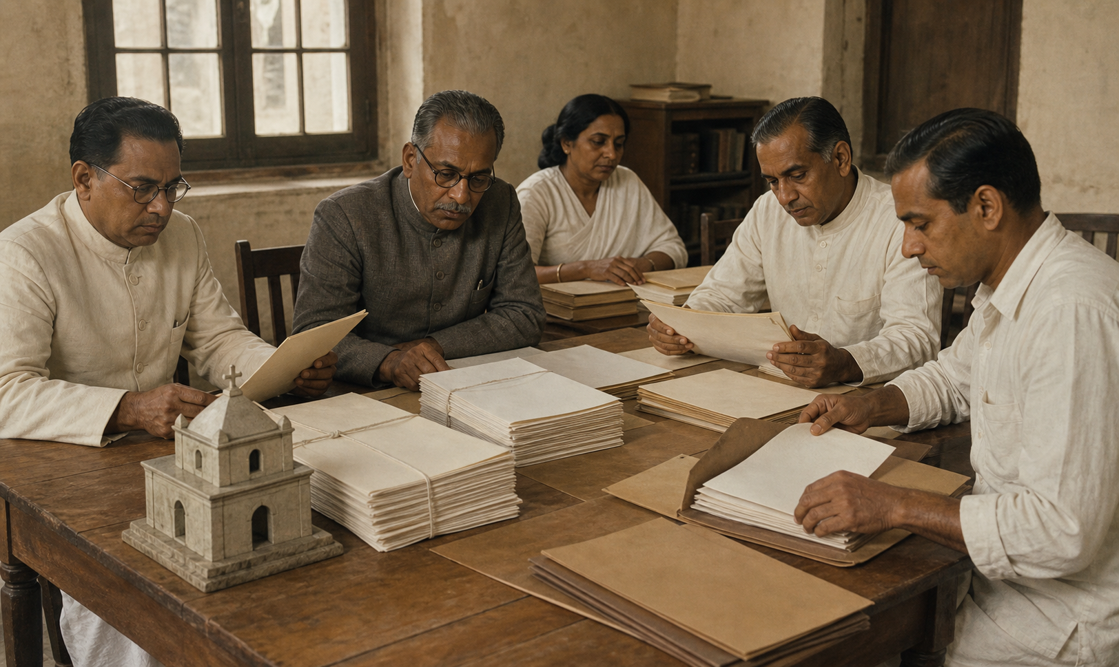 A 1947-era Indian committee reviews separate bundles of blank petitions, including one placed near a small church model.