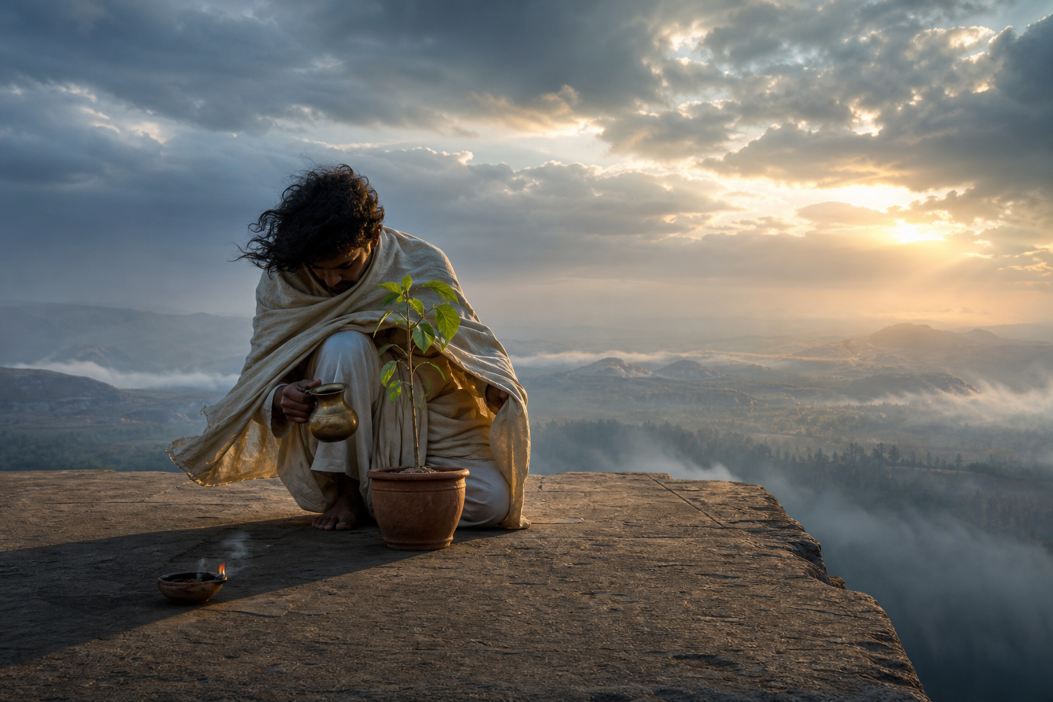 A person on a stone terrace shields and waters a young banyan sapling while wind moves across a misty landscape at sunrise.