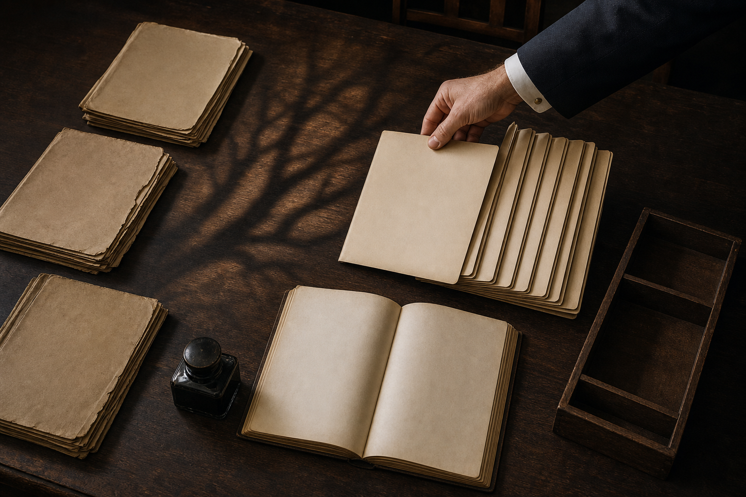 A hand sorts one blank case file into a group of folders on a wooden committee desk while other files remain separate.