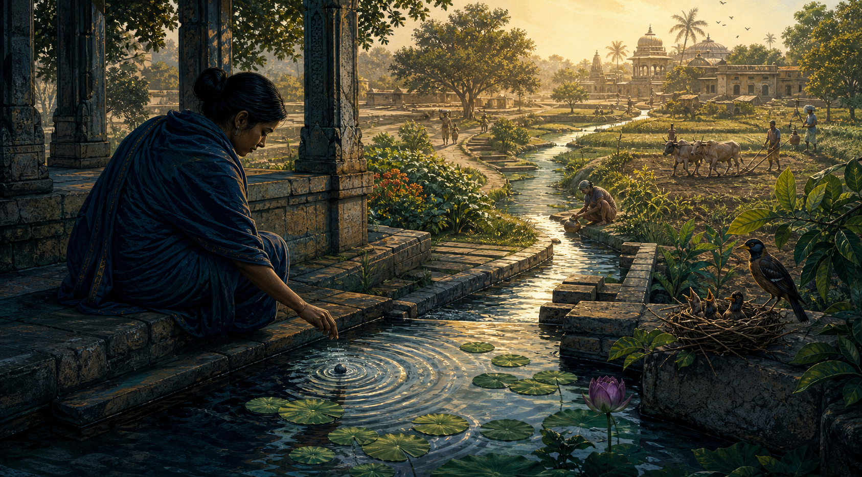 A solitary figure drops a seed into water that flows from a shaded stone stepwell toward plants, birds, and villagers downstream.
