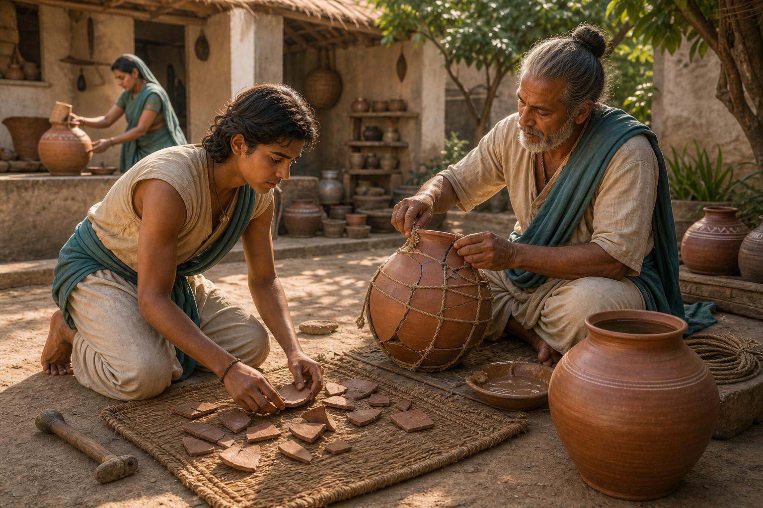 An apprentice gathers the pieces of a cracked clay vessel while an older artisan teaches them to bind and seal it in a pottery courtyard.