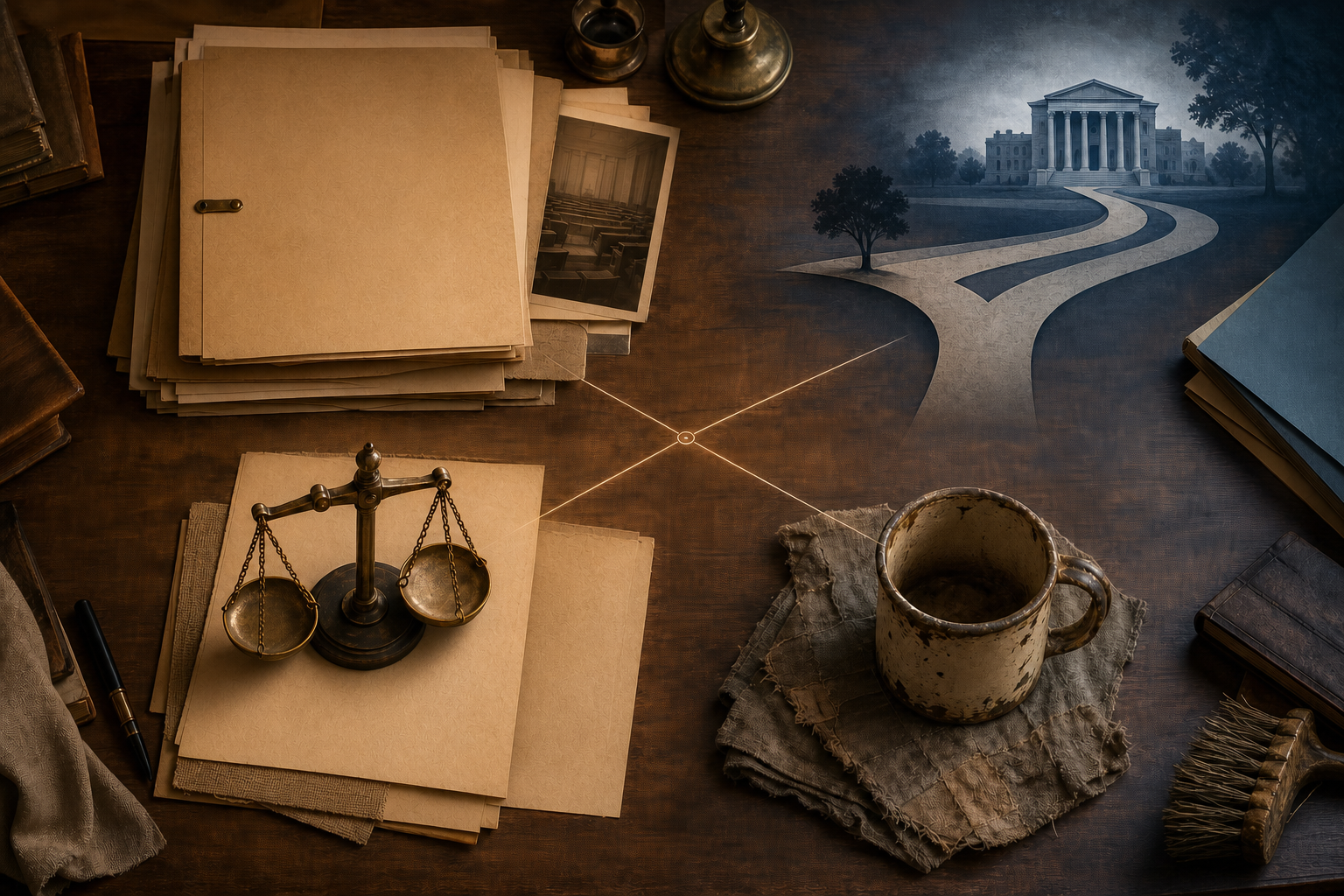 A top-down scholar's desk is arranged into four connected zones containing files, a scale, a worn household object, and a courthouse model.