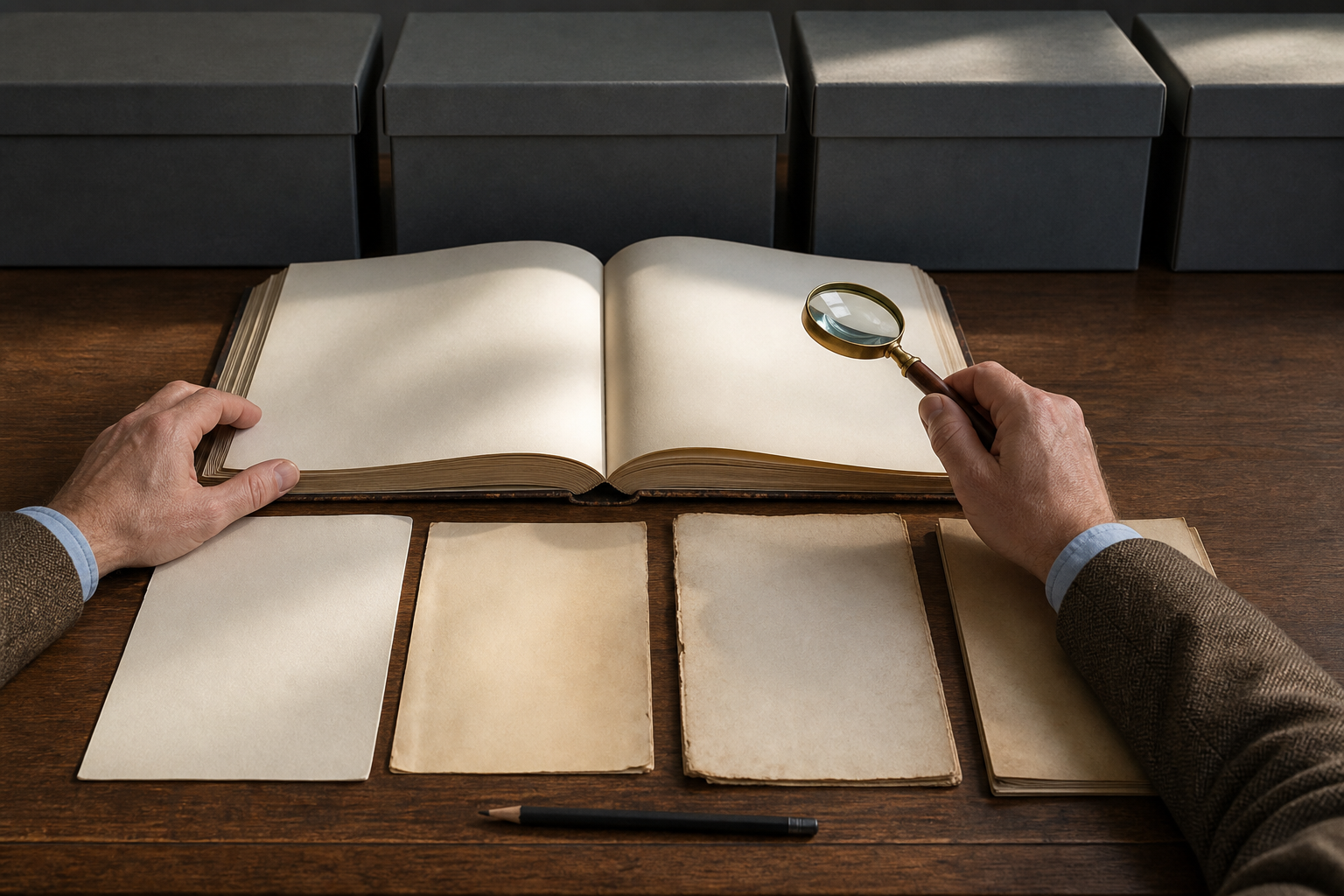 A researcher compares blank archival documents, an open minute book, and ordered file boxes under a magnifying lens.