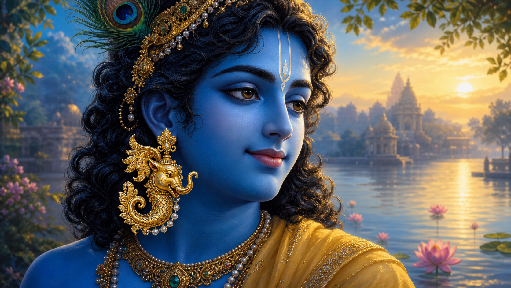 Three-quarter portrait of blue-complexioned Krishna wearing a peacock feather and an ornate gold earring shaped like a curled mythical aquatic creature beside a lotus-filled river.