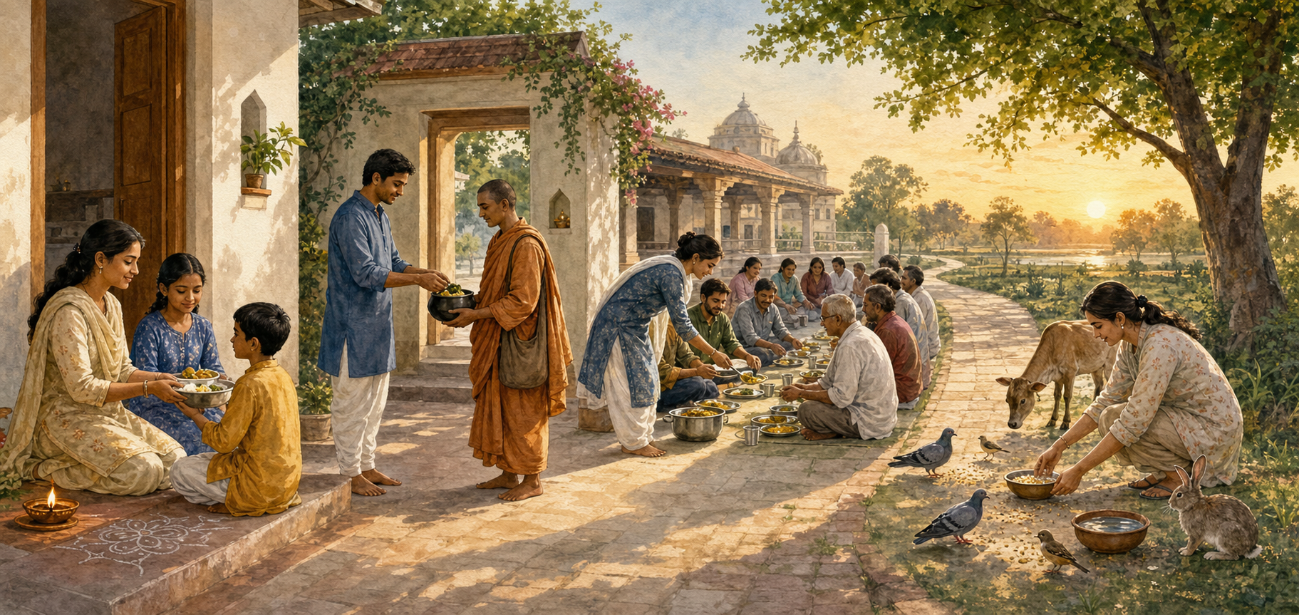 A continuous illustration shows a household food offering, alms placed in a renunciant's bowl, a communal vegetarian meal, and food and water provided for animals.