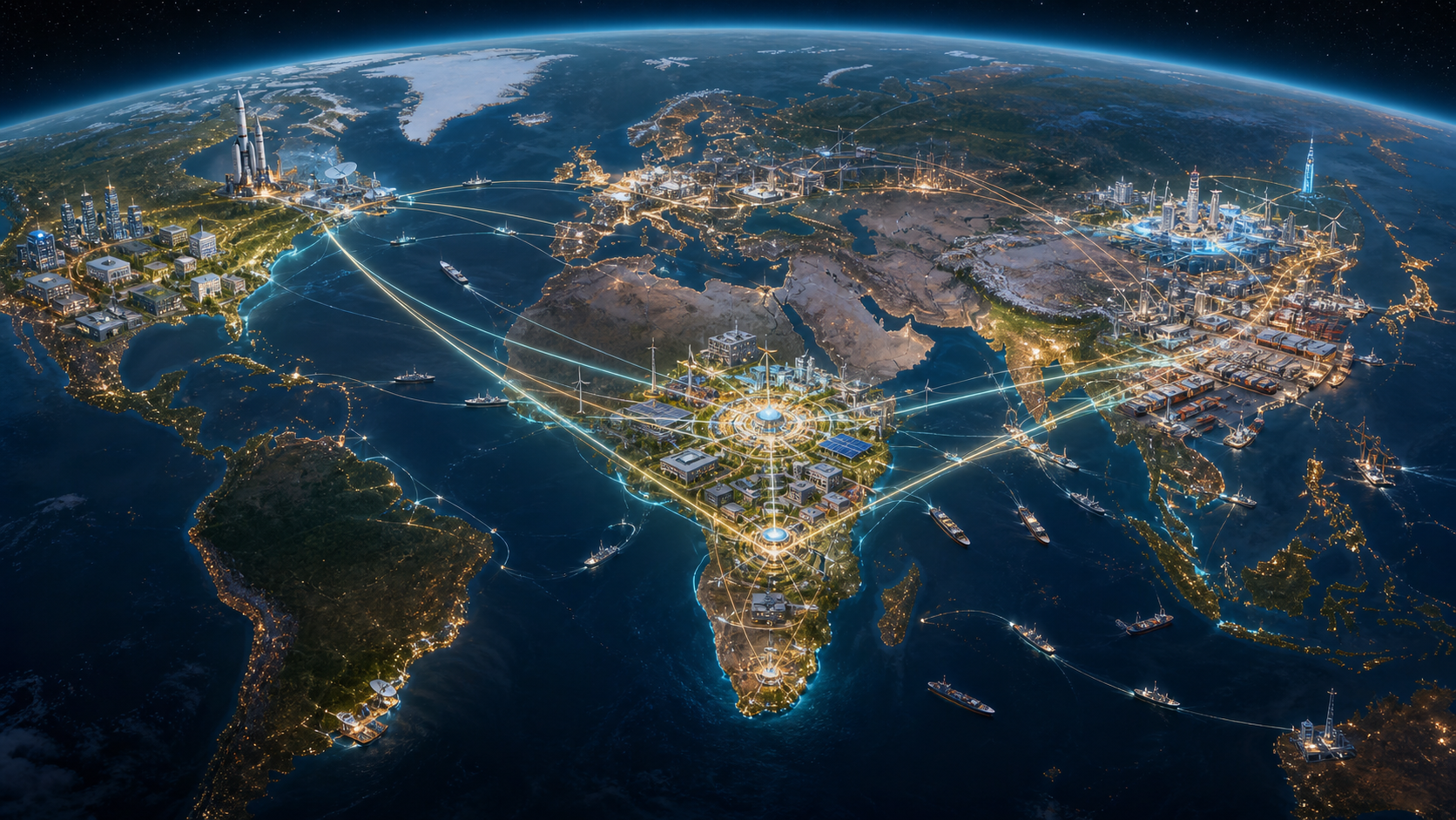 A view of Earth centered on the Indian Ocean, with illuminated technology, industry and infrastructure networks linking North America, East Asia and the Indian subcontinent in a triangle.