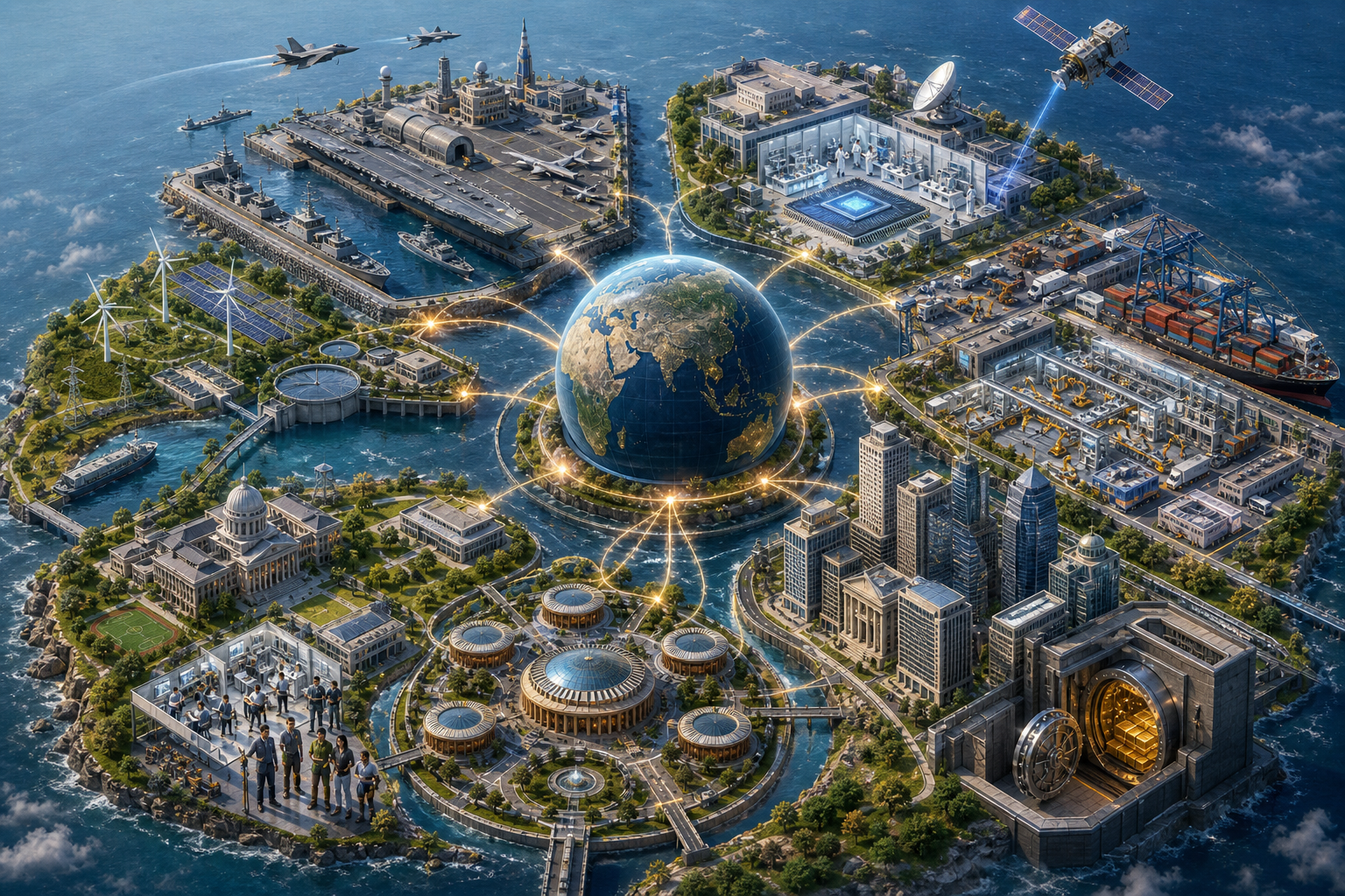 Seven interconnected scenes surround a globe, depicting military reach, technology, industry, finance, alliances, human capital and resilient energy systems.