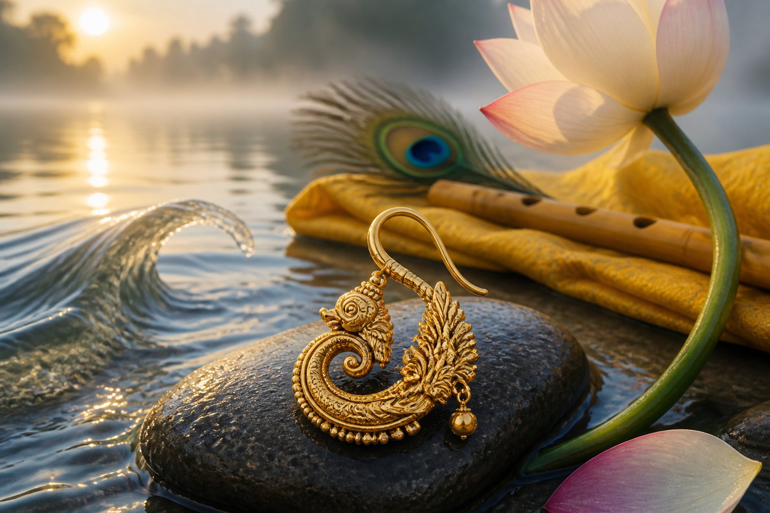 Gold makara earring on a riverside stone beside a lotus, with a peacock feather, yellow cloth, and bamboo flute softly visible behind it.