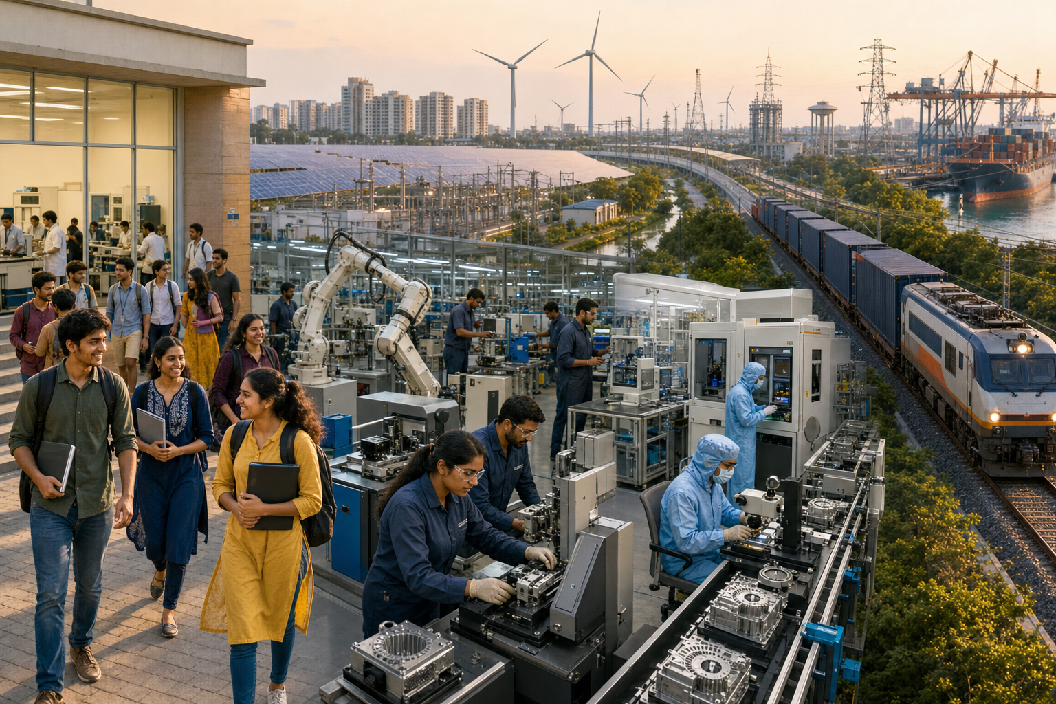 Young adults train in an Indian technical institute beside an advanced factory, while goods move by electrified rail toward a modern port powered by clean energy.