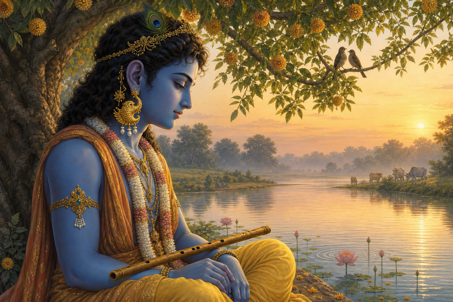Krishna sits in profile beneath a flowering tree with his flute lowered, wearing a gold makara earring beside a calm river with birds, lotuses, and distant cattle.