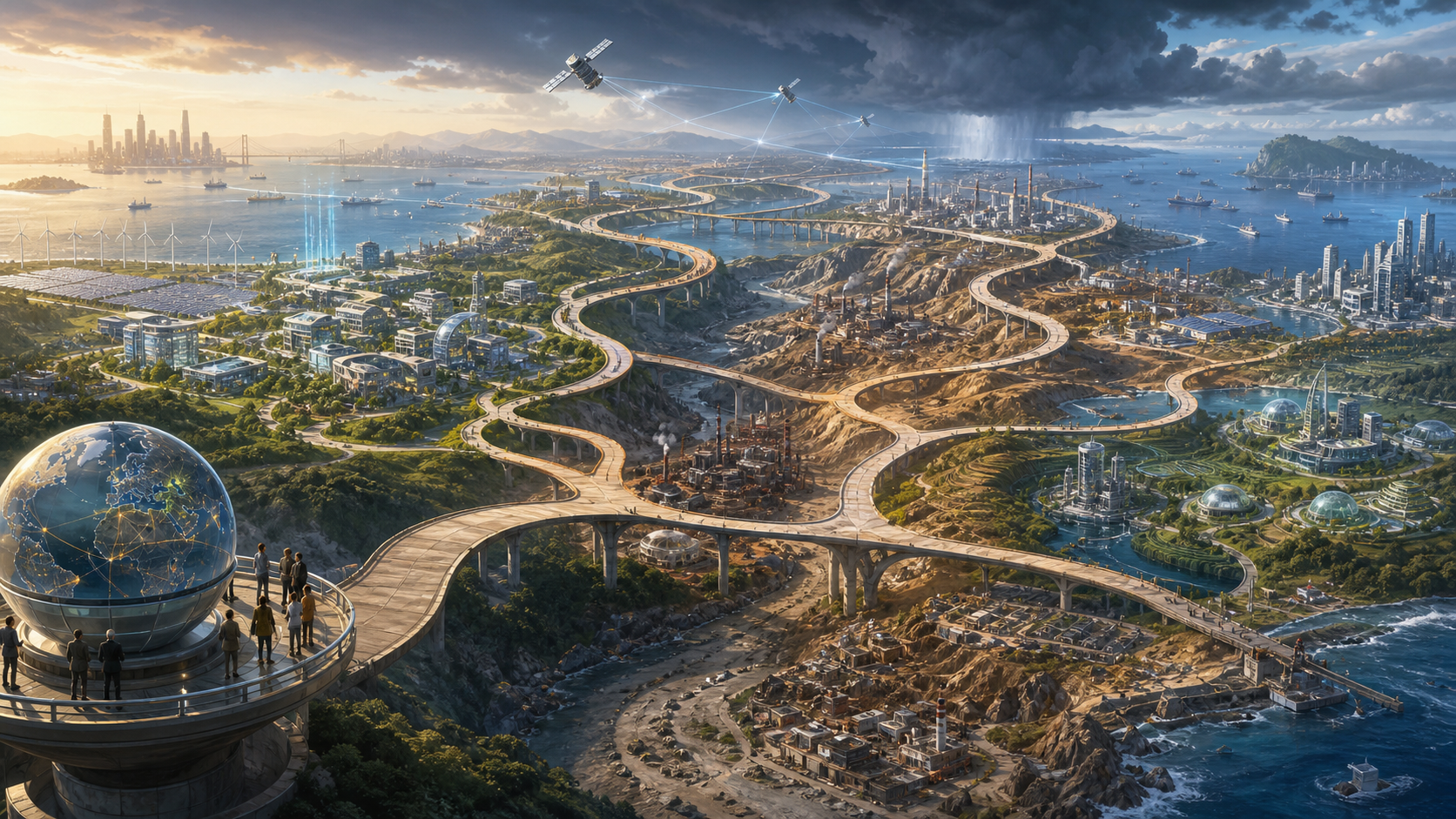 Several branching routes cross a future landscape of research cities, factories, trade corridors, energy systems and climate-stressed areas, illustrating multiple possible outcomes.