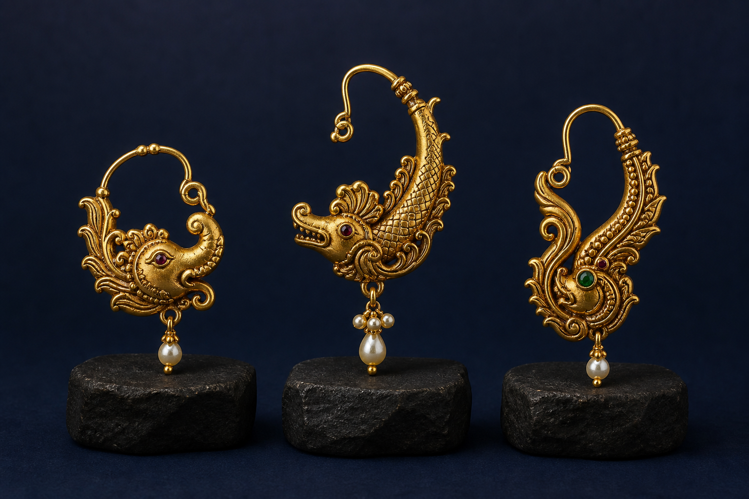 Three gold makara-shaped earrings displayed side by side, each with a different combination of curling snout, jaw, scales, fins, tail, pearls, and gemstones.