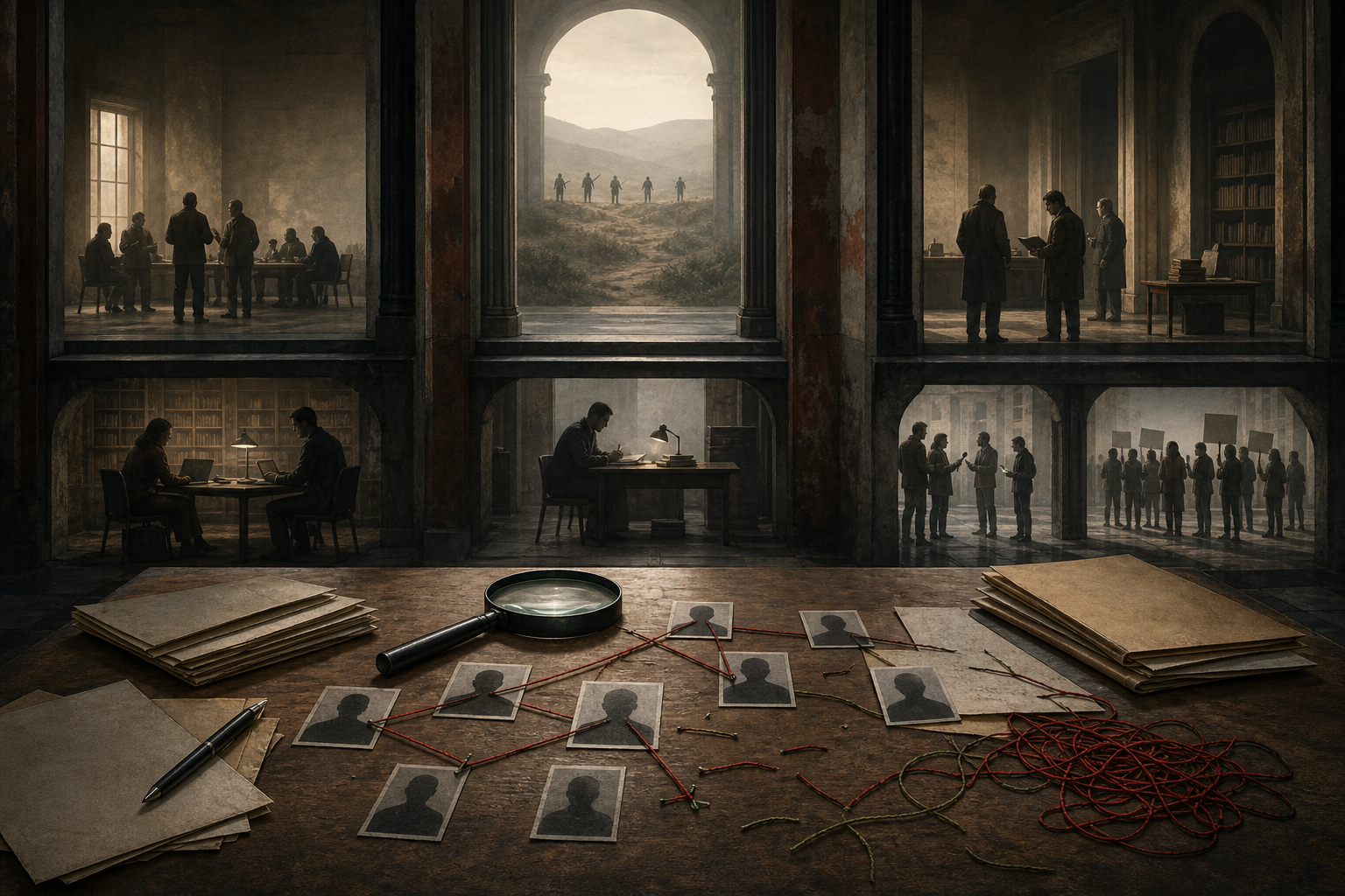 Editorial illustration of evidence folders and partially connected threads in front of separated groups including researchers, lawyers, protesters, and distant armed figures.