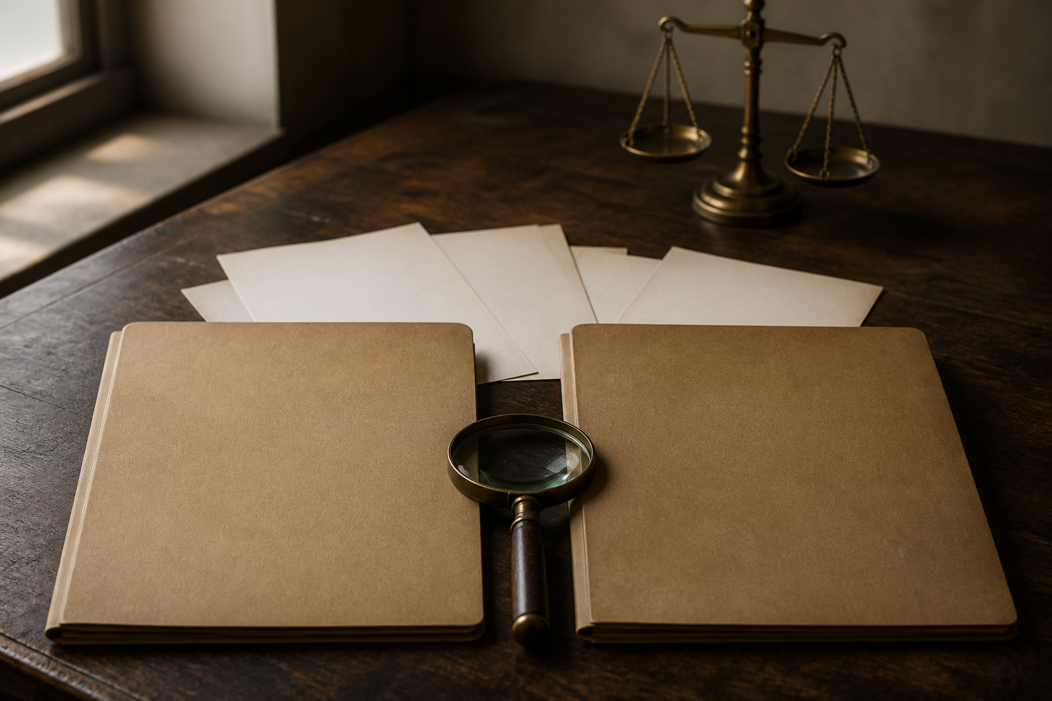 A magnifying glass rests between two closed archival folders on a wooden desk, with blank papers and a brass balance scale nearby.
