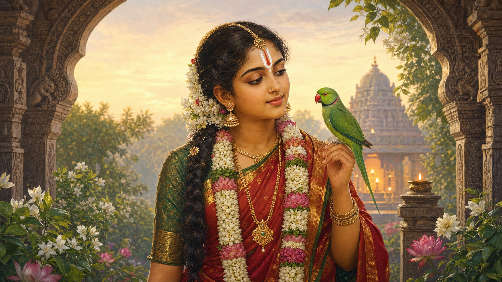 Andal stands in a South Indian temple garden with flower garlands and a green parrot perched on her raised hand near her shoulder.