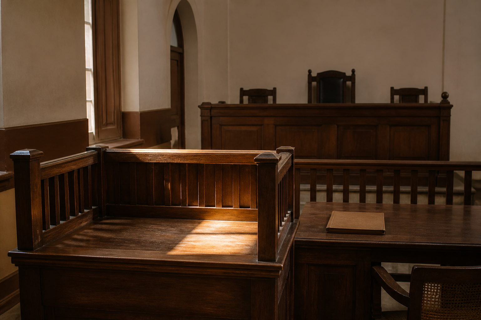 An empty witness box stands apart from a judge's bench in a quiet wood-paneled courtroom, with a closed file between them.