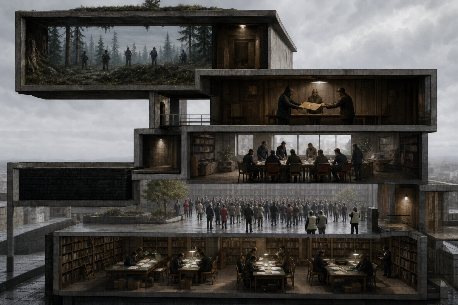 Cutaway illustration of five separated levels containing distant armed figures, intermediaries, organizers, peaceful protesters, and researchers, with only some levels connected.