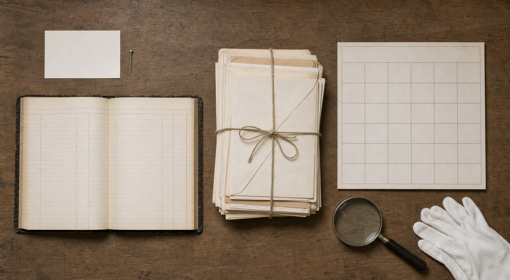 A research table holds a blank card, an empty ruled ledger, an unmarked correspondence bundle, a plain calendar grid, archival gloves, and a magnifying glass.