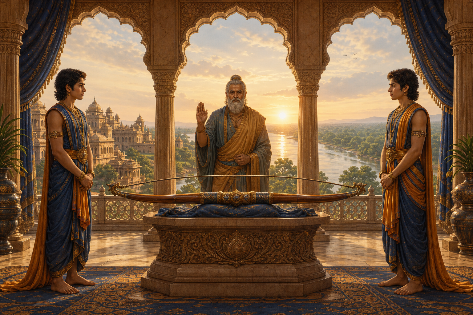 A ceremonial longbow rests on a stone pedestal between two young princes as an elder recognizes them in an open royal pavilion.