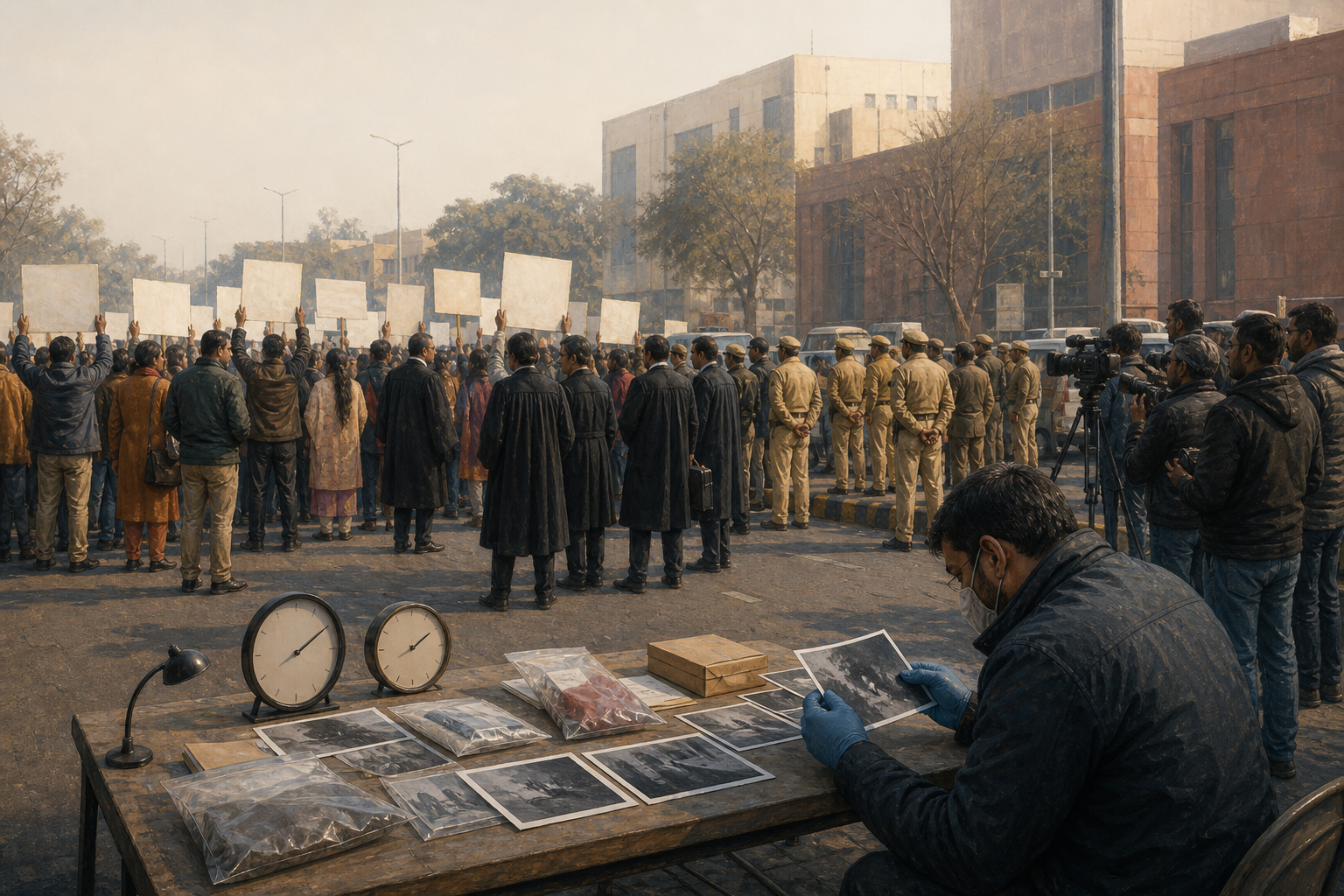 Fictional Delhi street protest with peaceful demonstrators, police, reporters, lawyers, and an analyst examining unmarked evidence materials in the foreground.