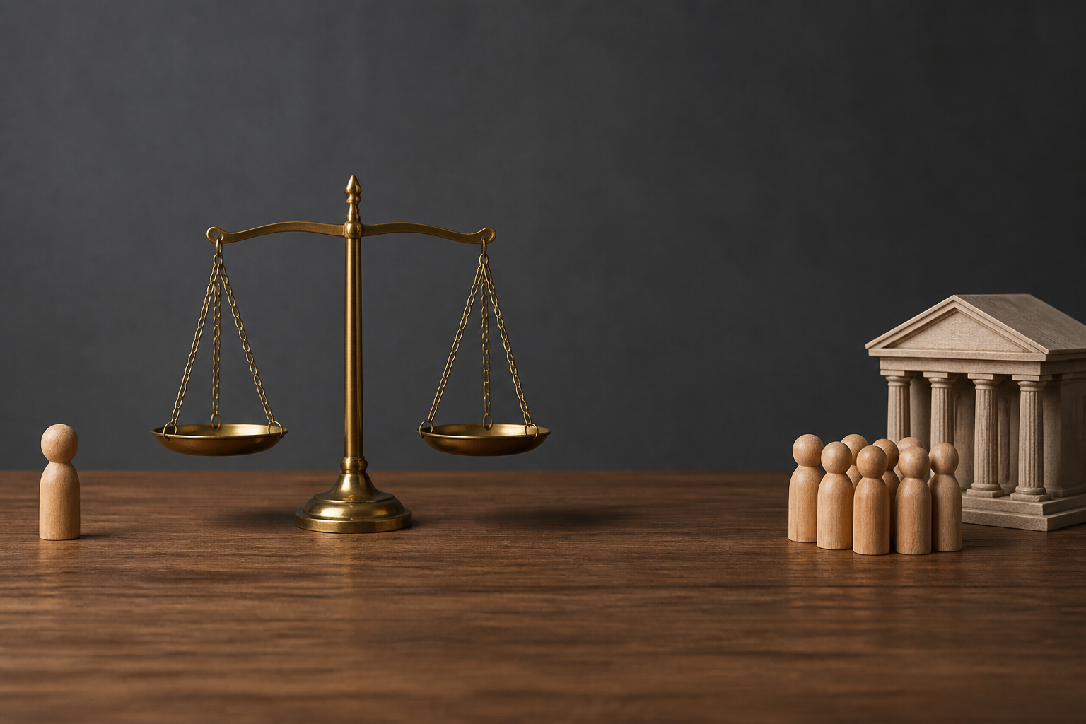 A lone wooden figure, a group of wooden figures, a miniature building, and a brass scale are arranged in separate areas of a tabletop.