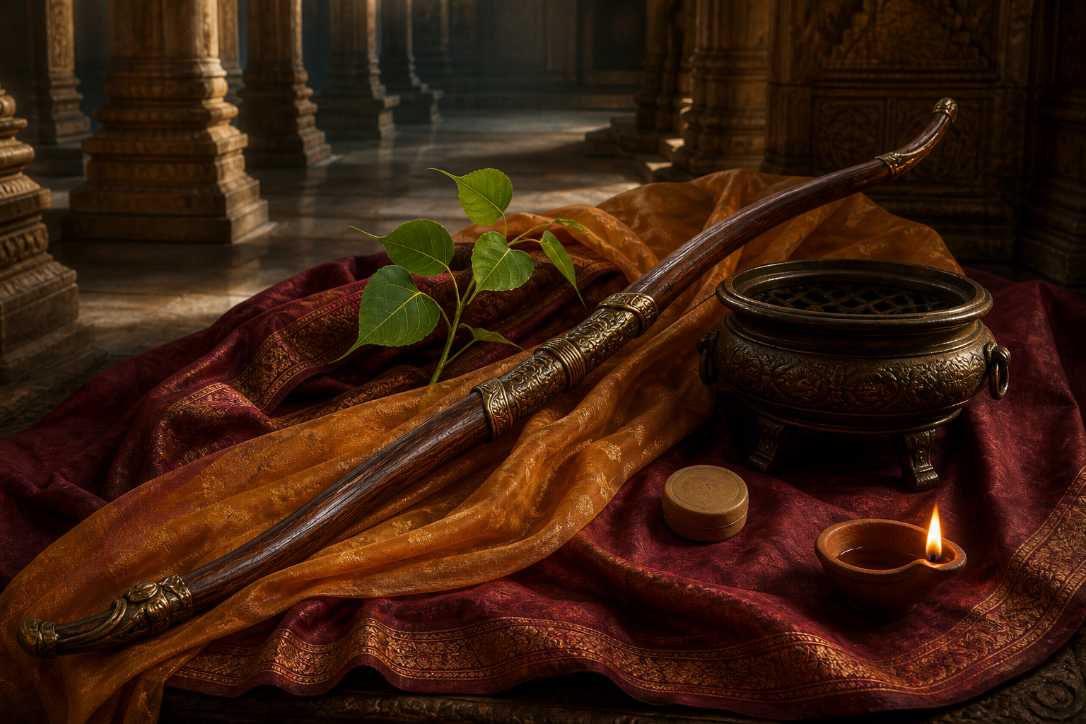 An ancient ceremonial bow lies beside an oil lamp, a plain royal seal, and a peepal branch inside a shadowed palace chamber.