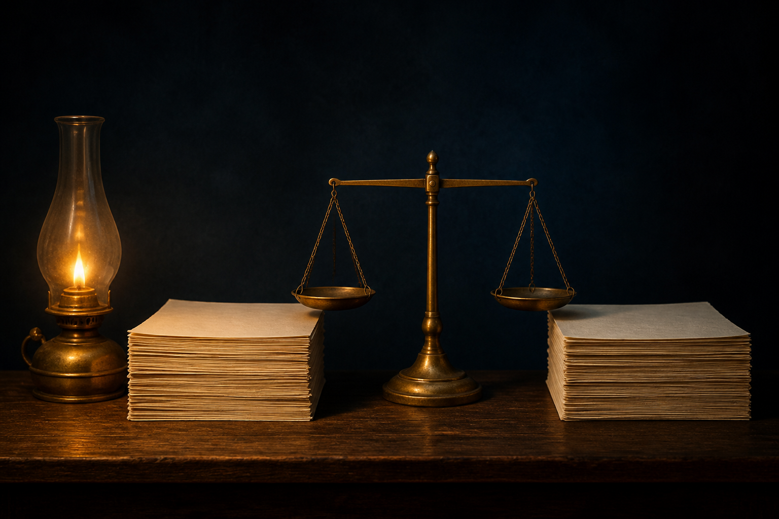 A brass oil lamp illuminates a level balance scale and two equal stacks of blank papers in a dark room.