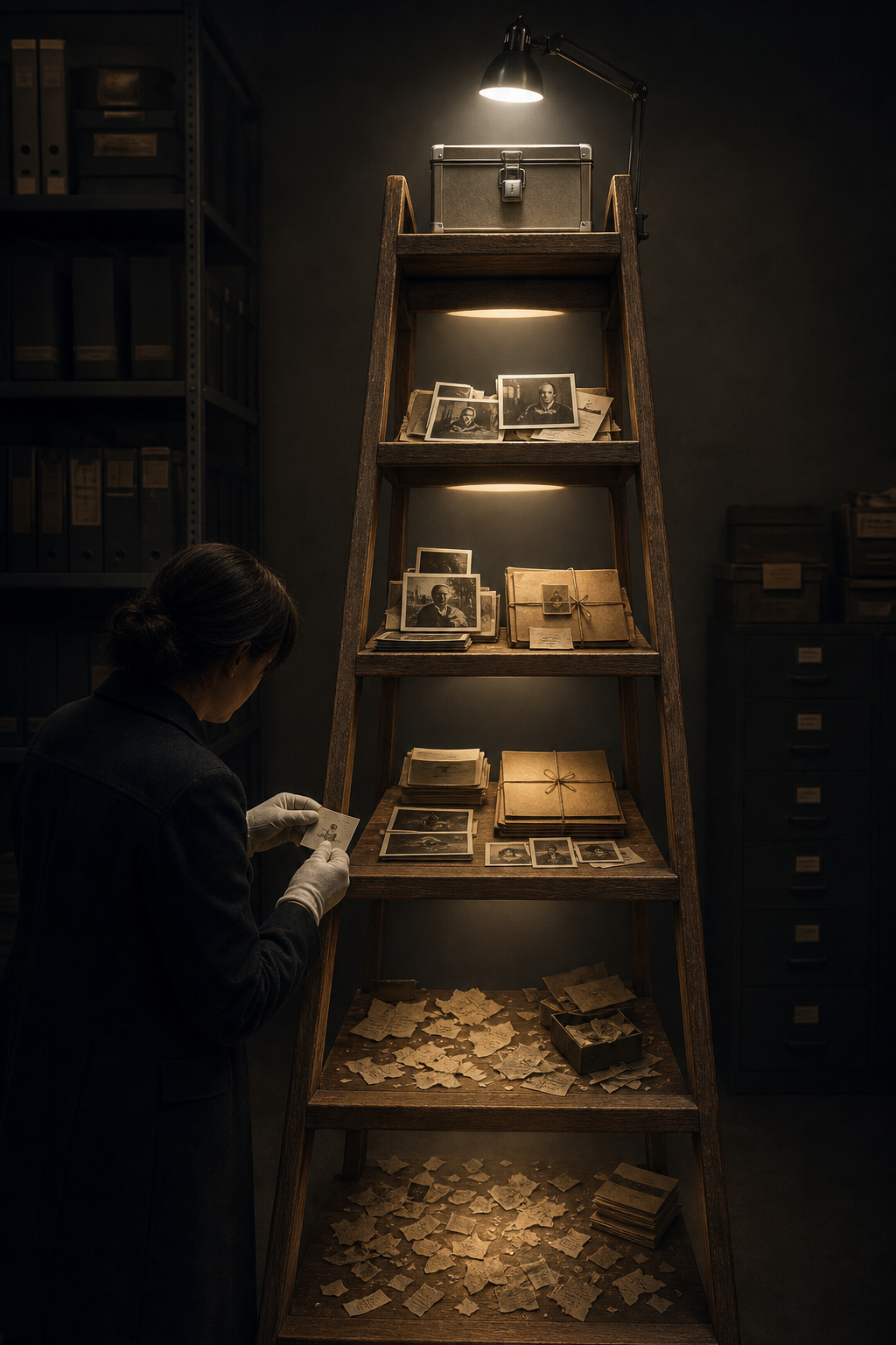 A researcher ascends a ladder from shadowy fragments toward corroborated records and a secured evidence box under bright light.