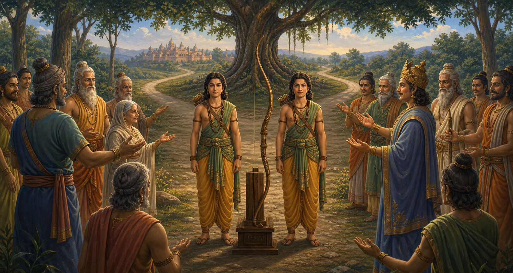 Lava and Kusha stand together before a ceremonial bow while elders acknowledge both brothers at the edge of a forest.