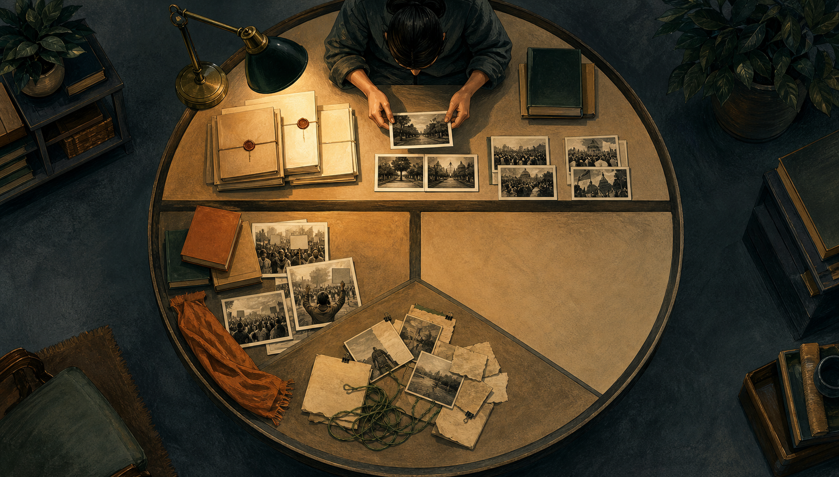 Overhead illustration of an analyst sorting verified records, ideological materials, protest images, and ambiguous fragments into separate areas of a circular table.