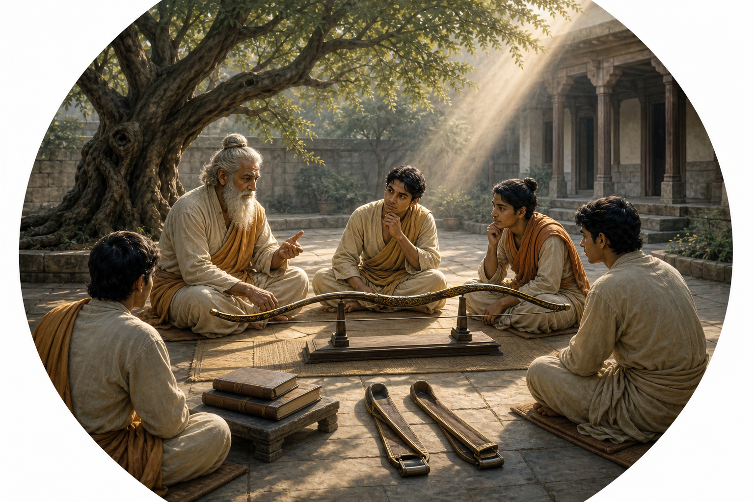 A teacher and several learners study a ceremonial bow in an open courtyard surrounded by a branching tree and closed manuscripts.