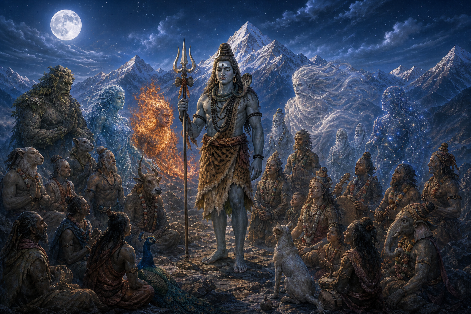 Shiva stands with a trident on a moonlit Himalayan plateau, surrounded by elemental, animal-like, human, and translucent attendant beings.