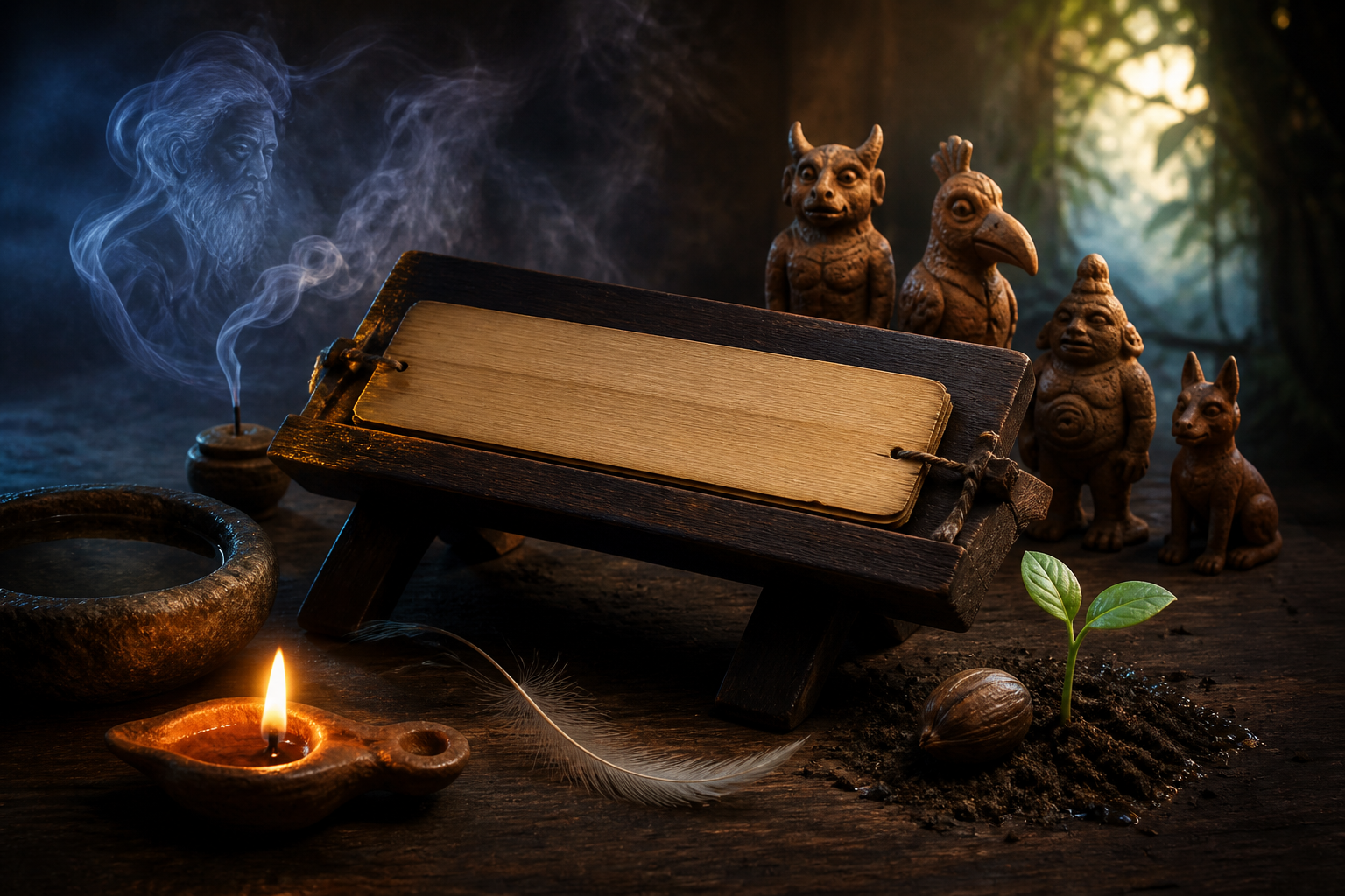 An uninscribed palm-leaf manuscript is surrounded by clay attendants, elemental materials, incense smoke shaped like an ancestor, and a seed with a sprout.