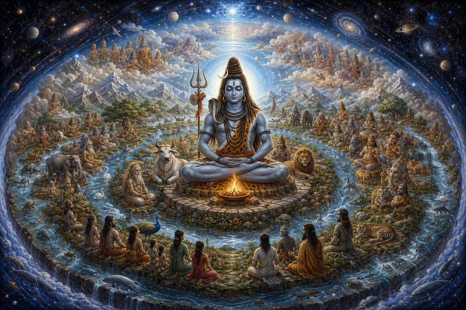 Meditating Shiva is encircled by earth, water, fire, air, space, plants, animals, people, ancestors, and varied attendant beings.
