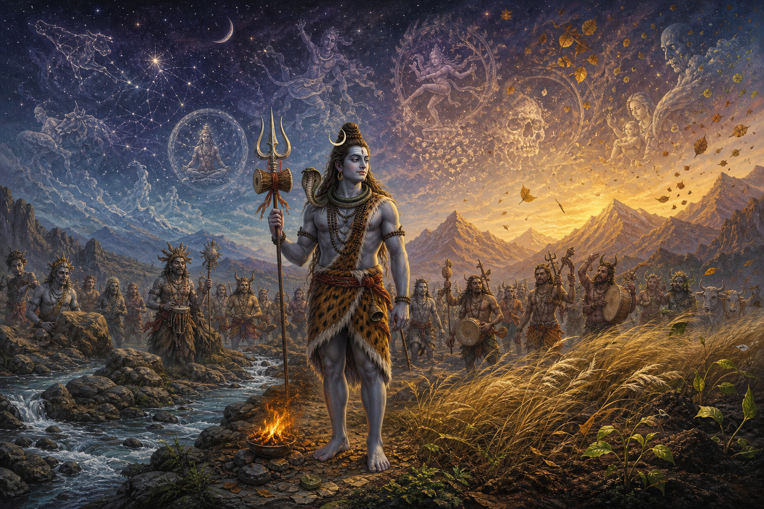 Shiva stands in a landscape of five natural elements, accompanied by ganas, with translucent patterns of change and renewal in the sky.