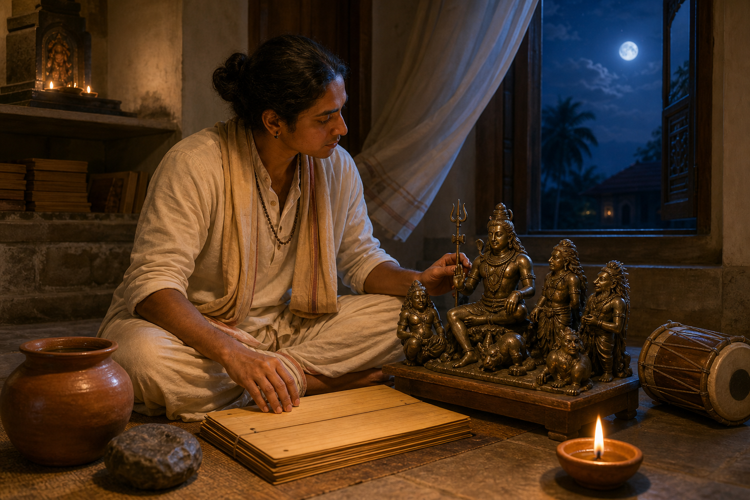 A seated scholar studies an uninscribed manuscript and a sculpture of Shiva with attendants, surrounded by elemental and ritual objects.