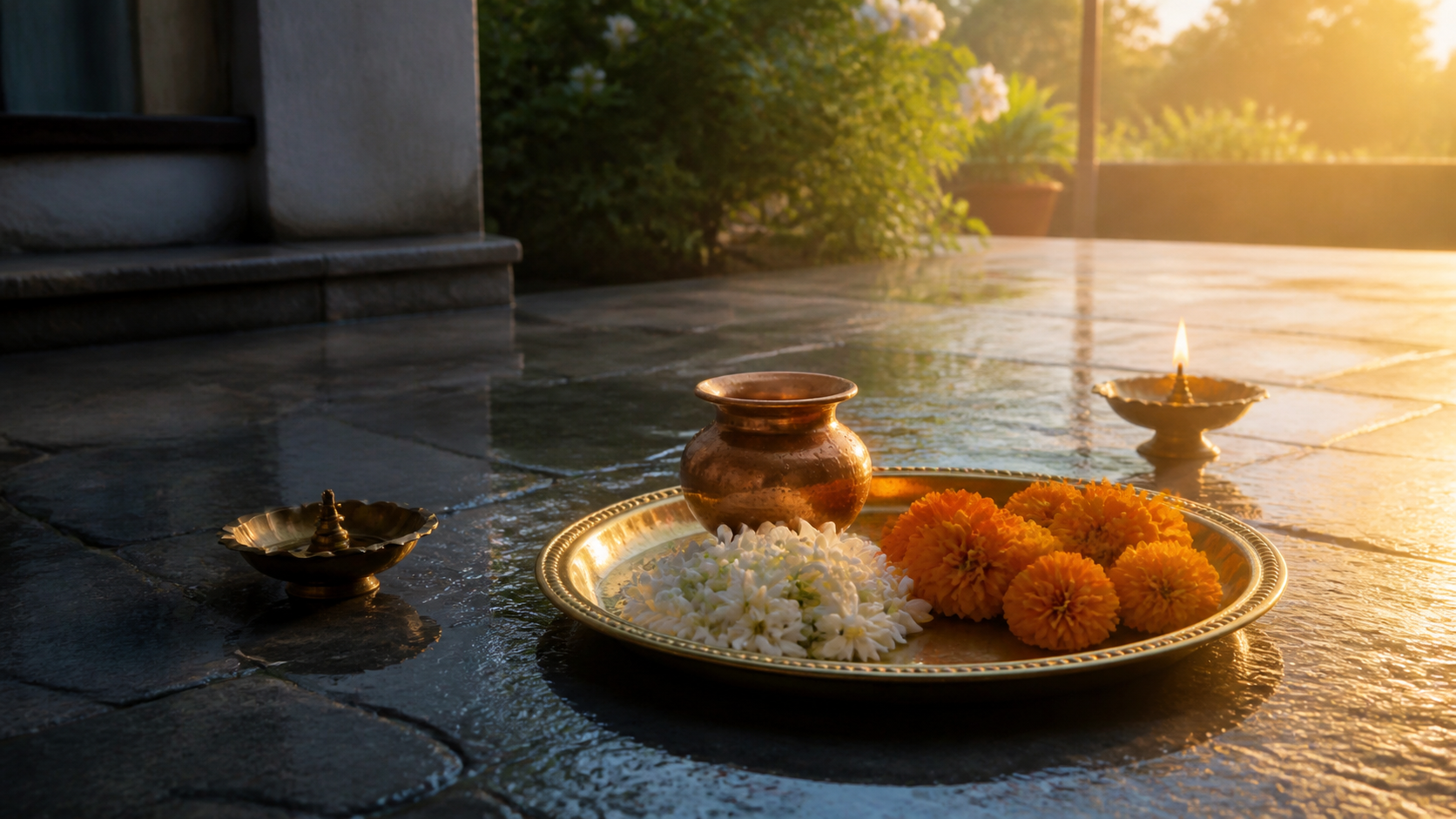 A brass puja tray, copper vessel, flowers and two oil lamps in a courtyard transitioning from blue predawn shadow to golden sunrise light.