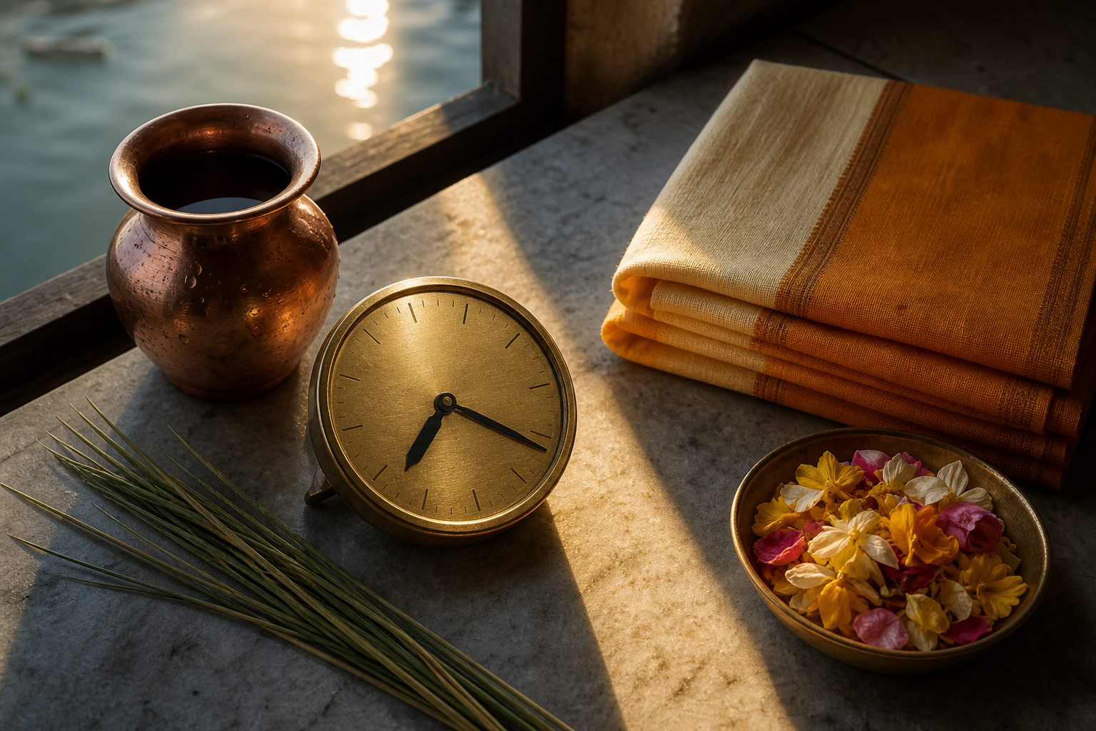 An unnumbered brass clock set near 7:21 beside a copper vessel, ritual cloth, sacred grass and flower petals in early sunlight.